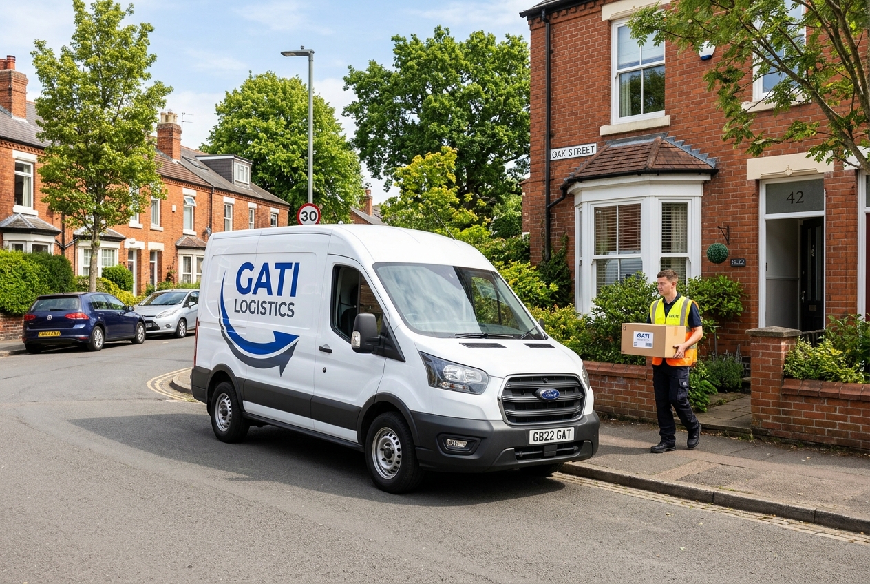 UK Parcel Delivery Courier delivering box to doorstep