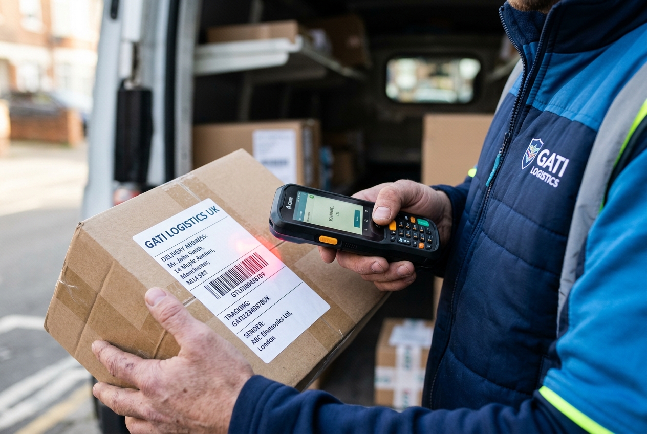 Courier scanning parcel barcode on doorstep